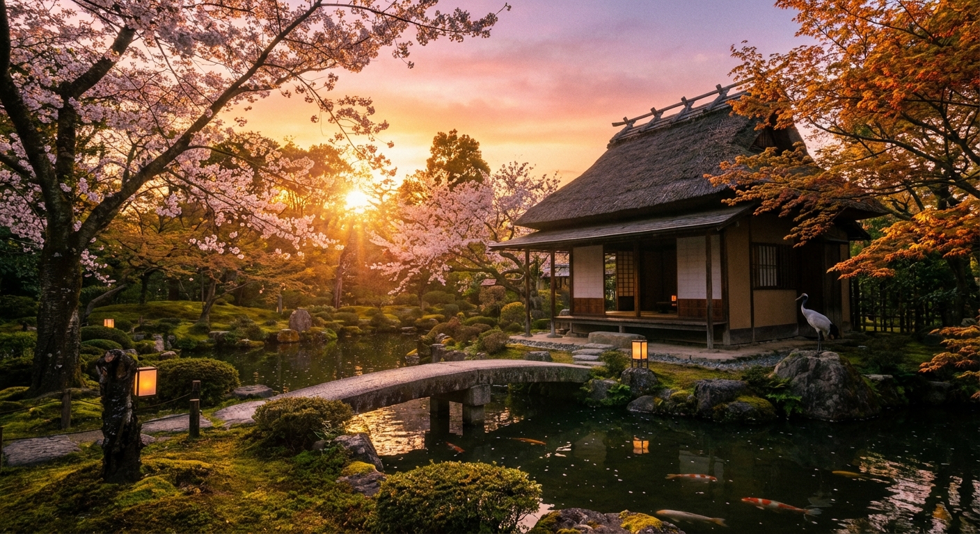 A serene Japanese garden at sunset with cherry blossoms
