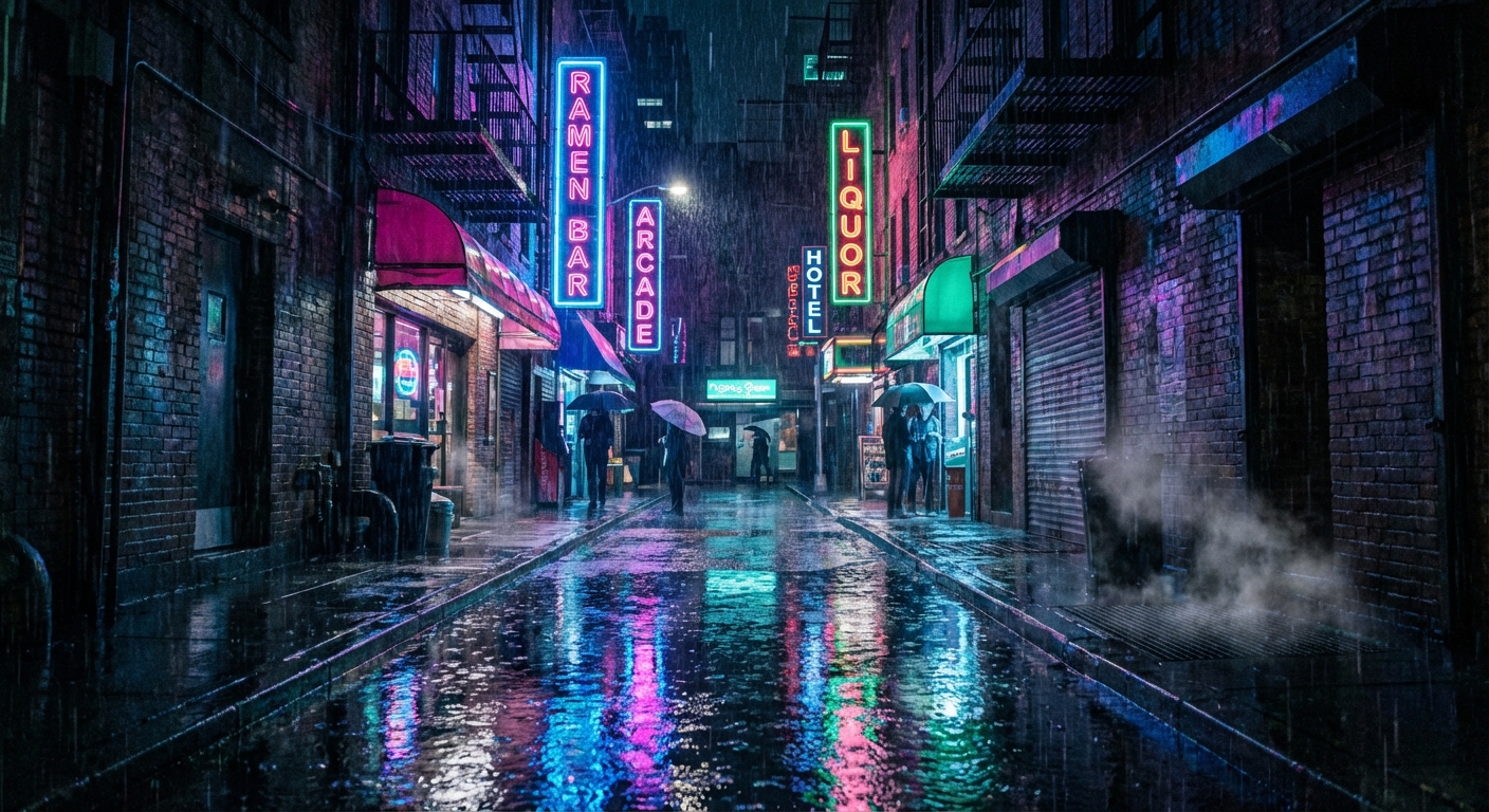 Neon-lit rain-soaked cyberpunk alley at night